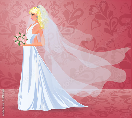 Beautiful young bride with bouquet, vector illustration. © CaroDi