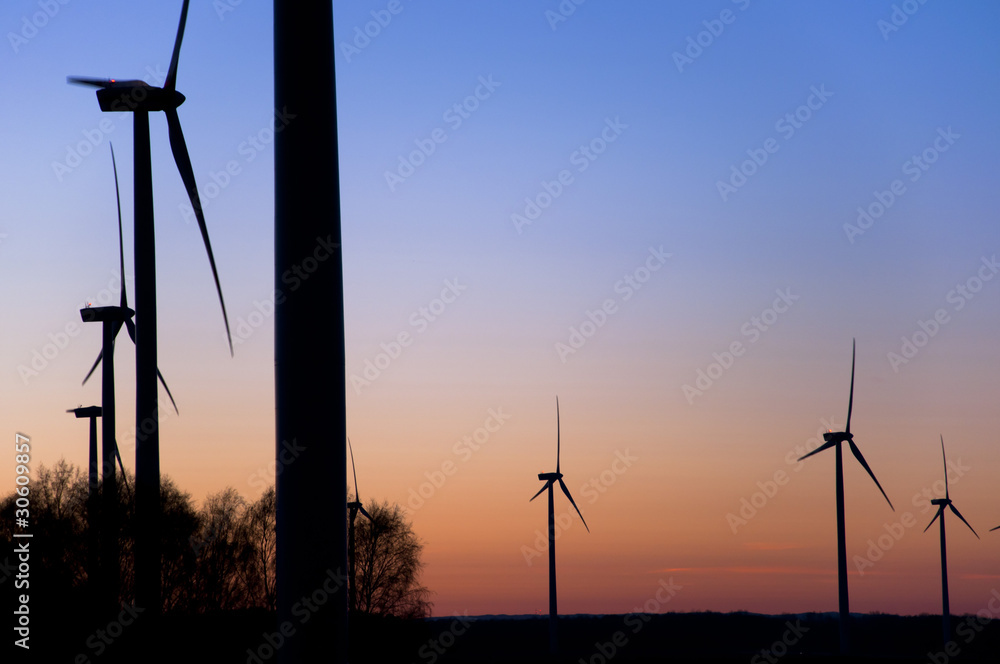 Obraz premium Wind farm at sunset