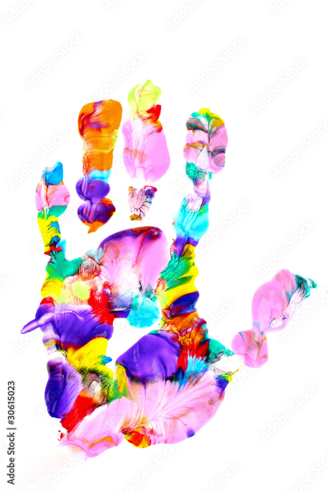 Colored hand print on white