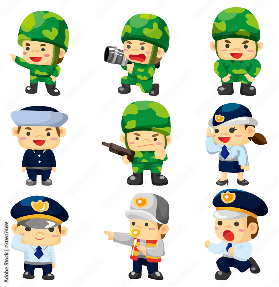 cartoon police and soldier  icon