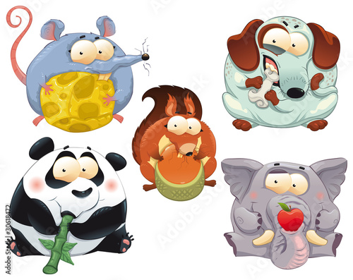 Funny animals with food. Vector isolated characters.