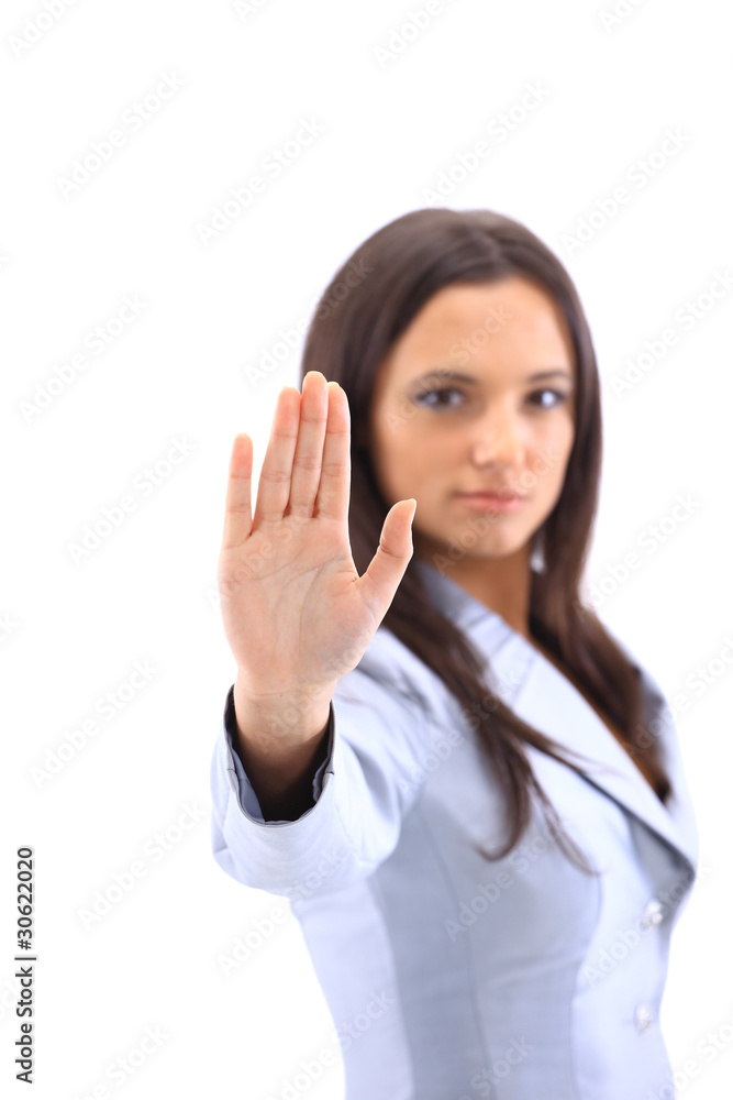 Anger woman signaling stop sign , isolated on white Anger woman signaling stop sign , isolated on white