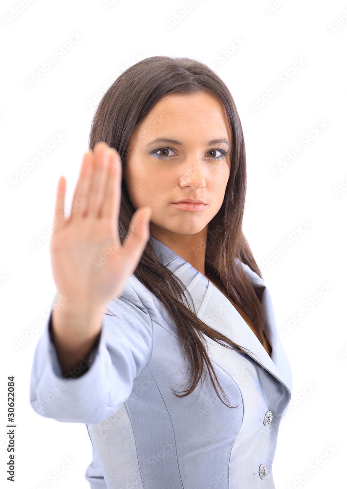 Anger woman signaling stop sign , isolated on white Anger woman signaling stop sign , isolated on white