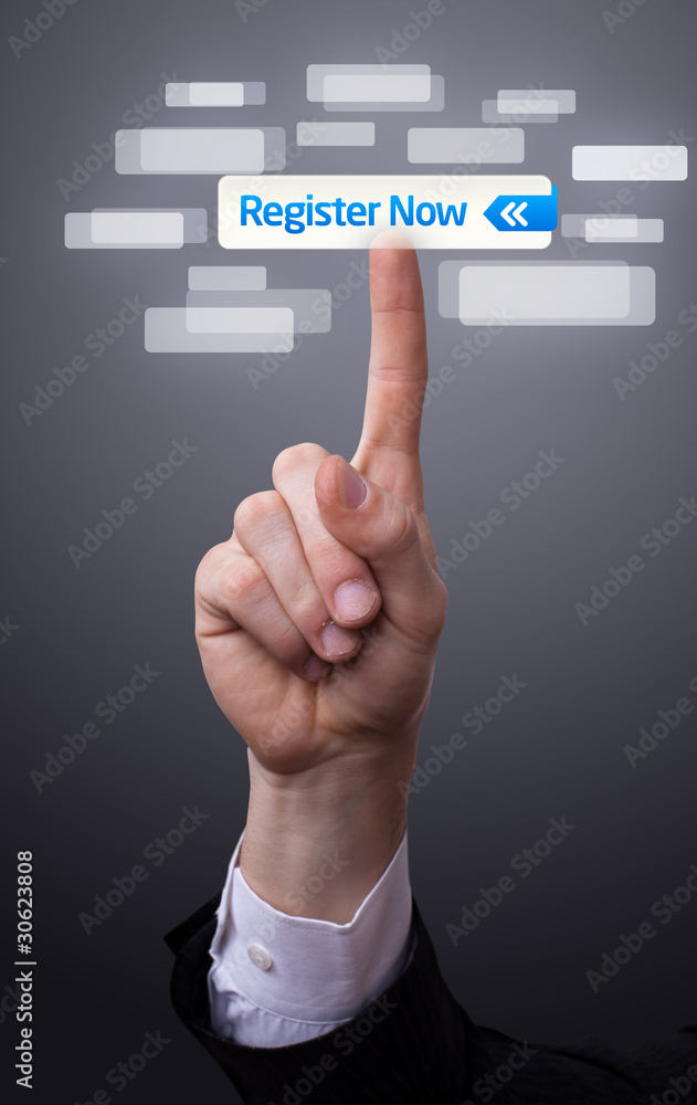 hand pressing register now button hand pressing register now button