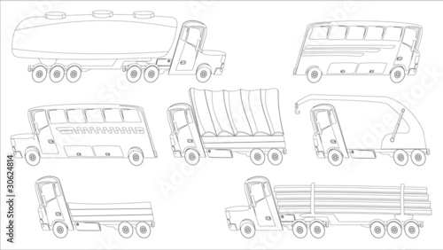 coloring page with trucks and buses in cartoon style