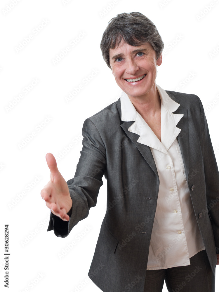mature businesswoman handshake isolated on white mature businesswoman handshake isolated on white