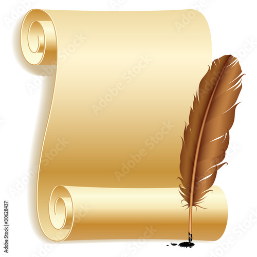Old paper scroll and feather.