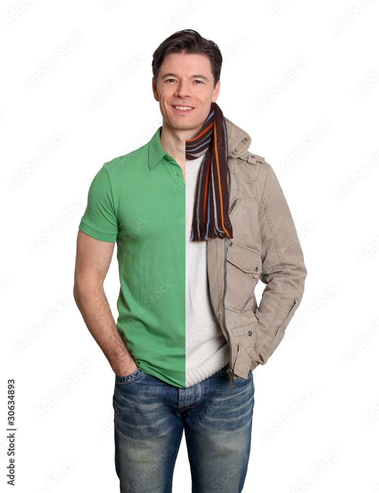 Fototapeta premium Man with summer and winter clothes