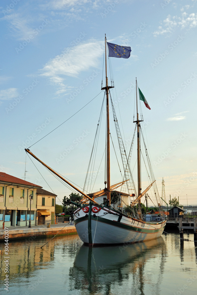 Italy Cesenatico harbor, antique fishing sailing boats Italy Cesenatico harbor, antique fishing sailing boats