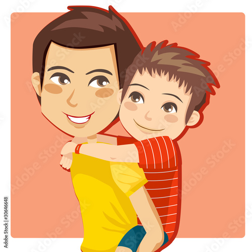 Father giving his little boy piggyback ride smiling
