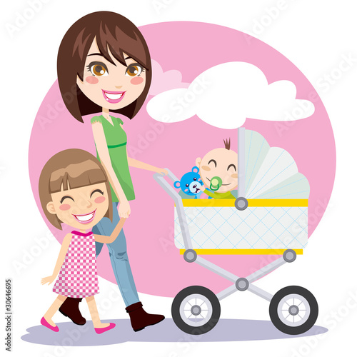 Woman and little girl walking pushing baby carriage