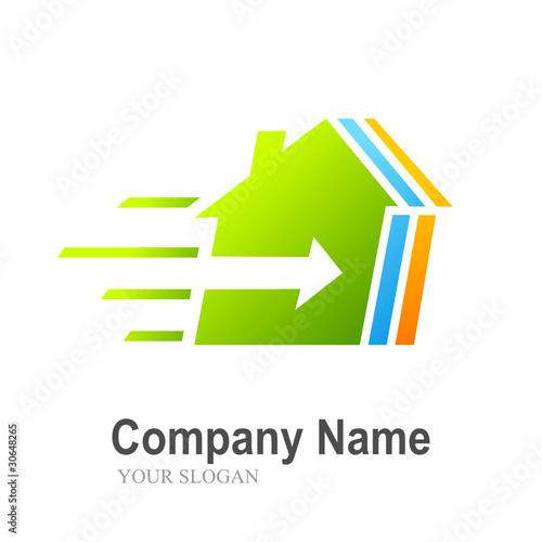 logo house with arrow, traces (green, blue, orange)