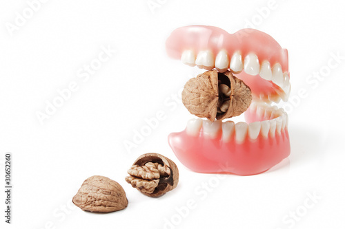 Cracking nuts by new strong teeth in denture on white background
