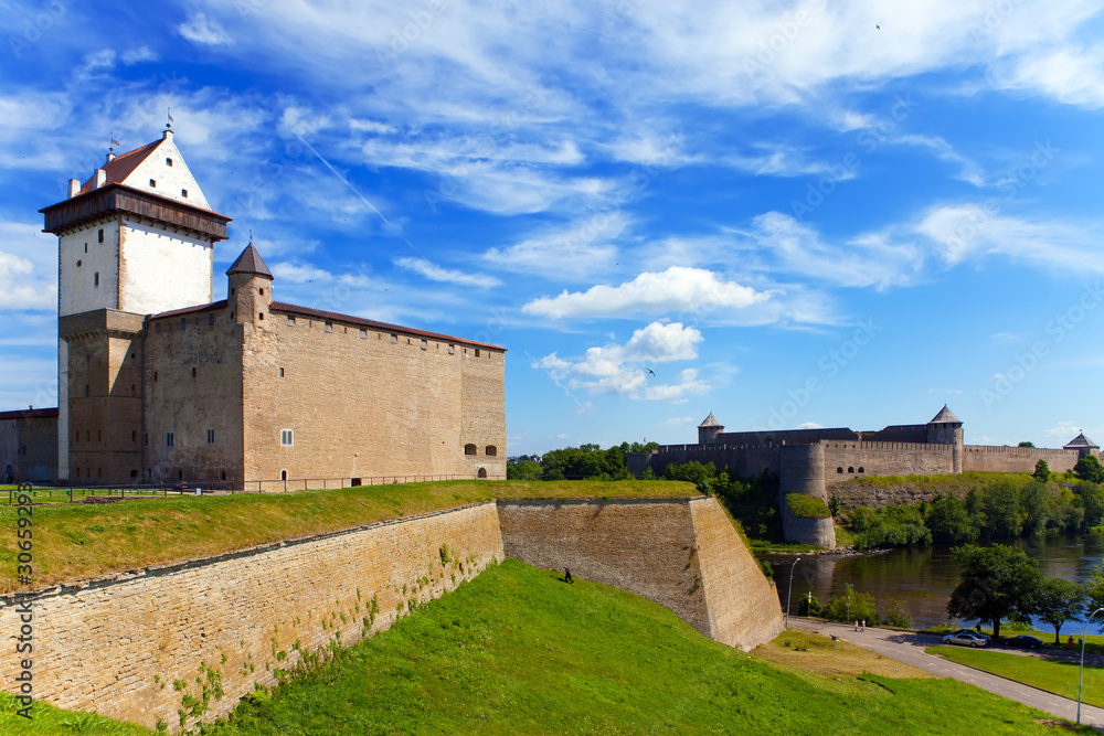 Narva, Estonia and Ivangorod behind the river, Russia.