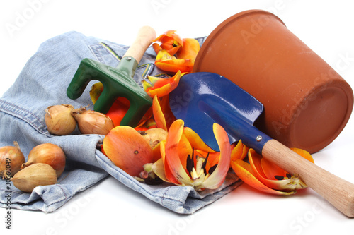 Childrens toy garden tools and a blue jeans photo