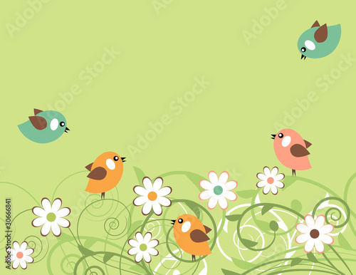 Stylized blossoming branches and small flying birds