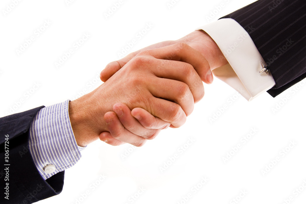 Business men hand shake in white background Business men hand shake in white background
