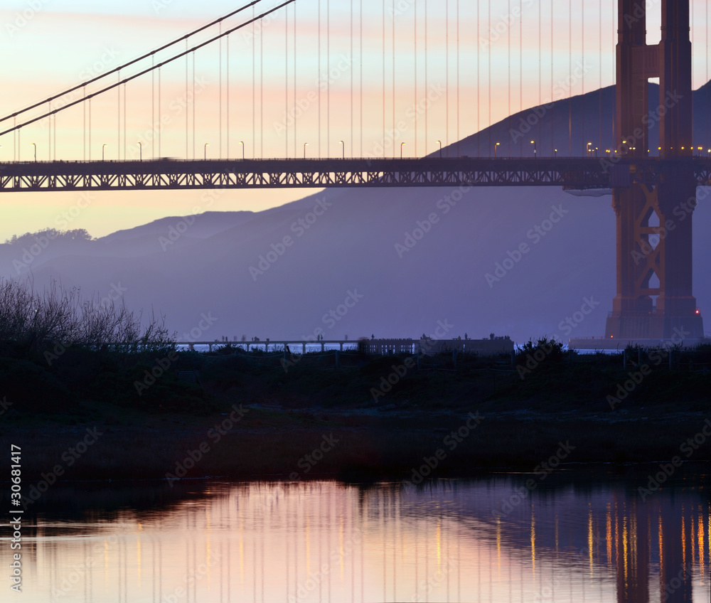 Fototapeta premium The lights of the Golden Gate reflected in a Tidal Marsh