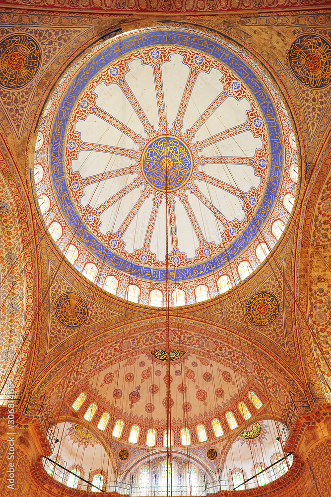 The domed interior of the Blue Mosque in Istanbul