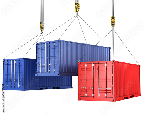 Three freight containers are being hoisted