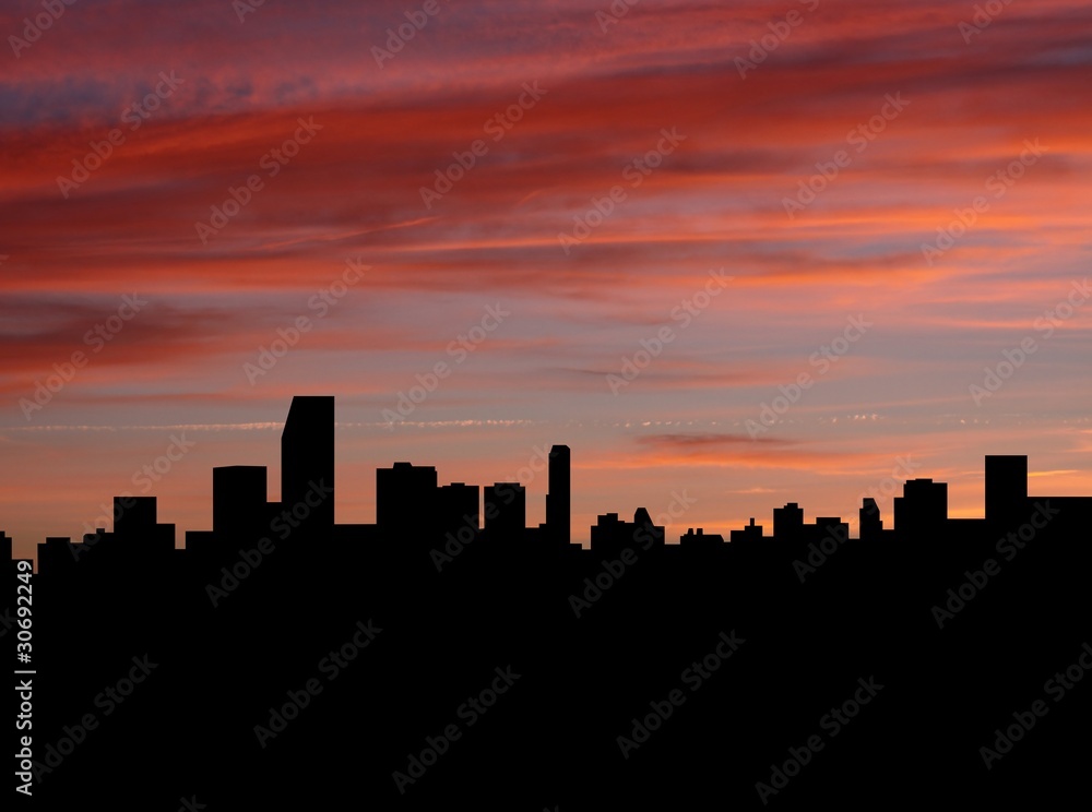 Miami skyline at sunset with beautiful sky illustration