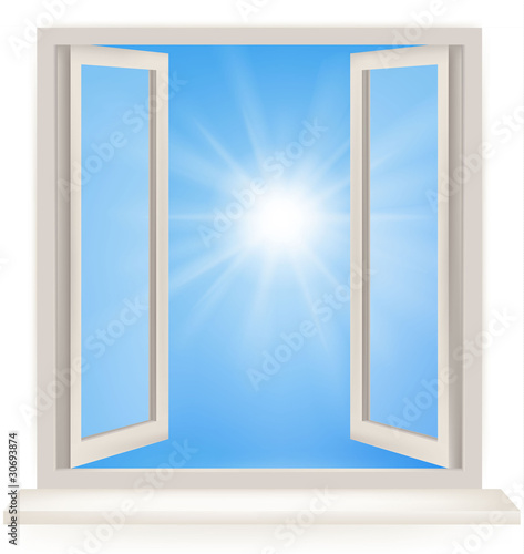 Open window against a white wall and the sky. Vector