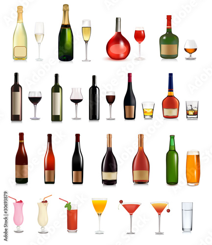 Set of different drinks and cocktails. Vector illustration.
