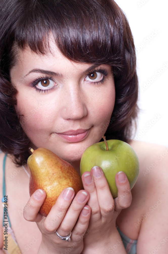 Woman with apple and pear