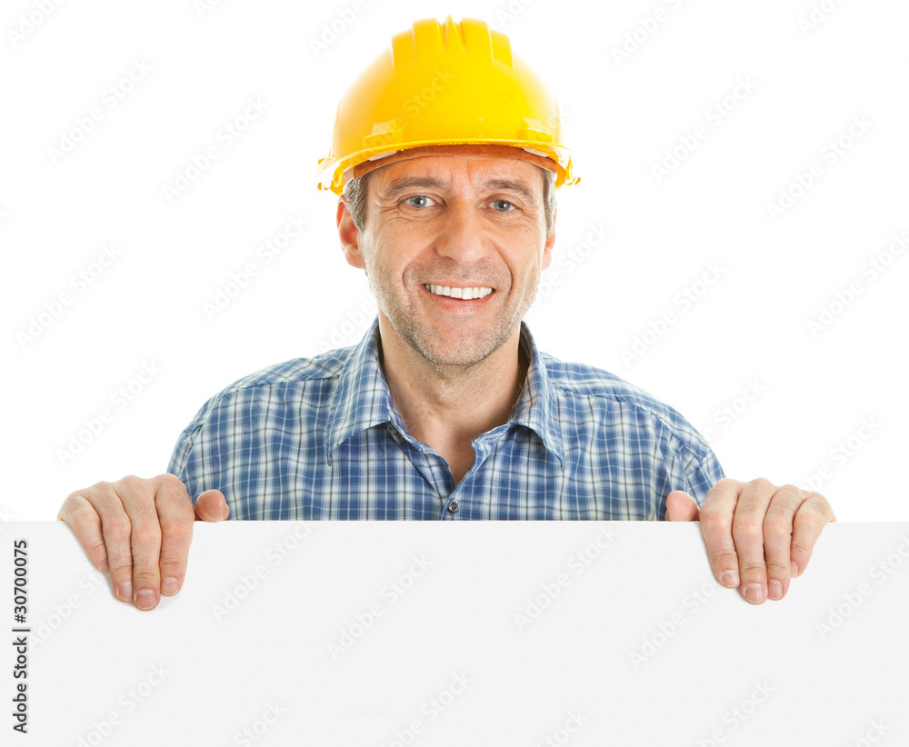 Confident worker presenting empty board Confident worker presenting empty board