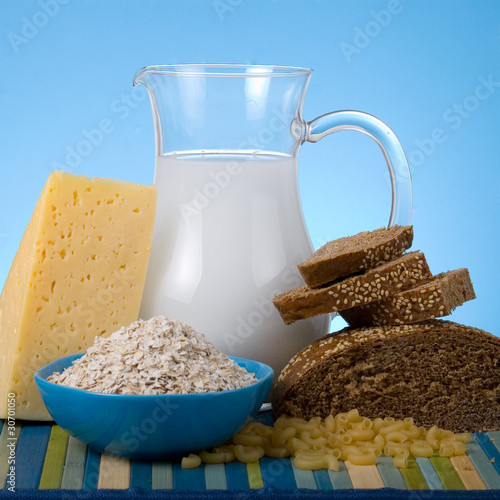 Milk, bread,  cheese and sausage photo