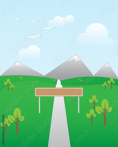 rural landscape with mountains and announcement panel