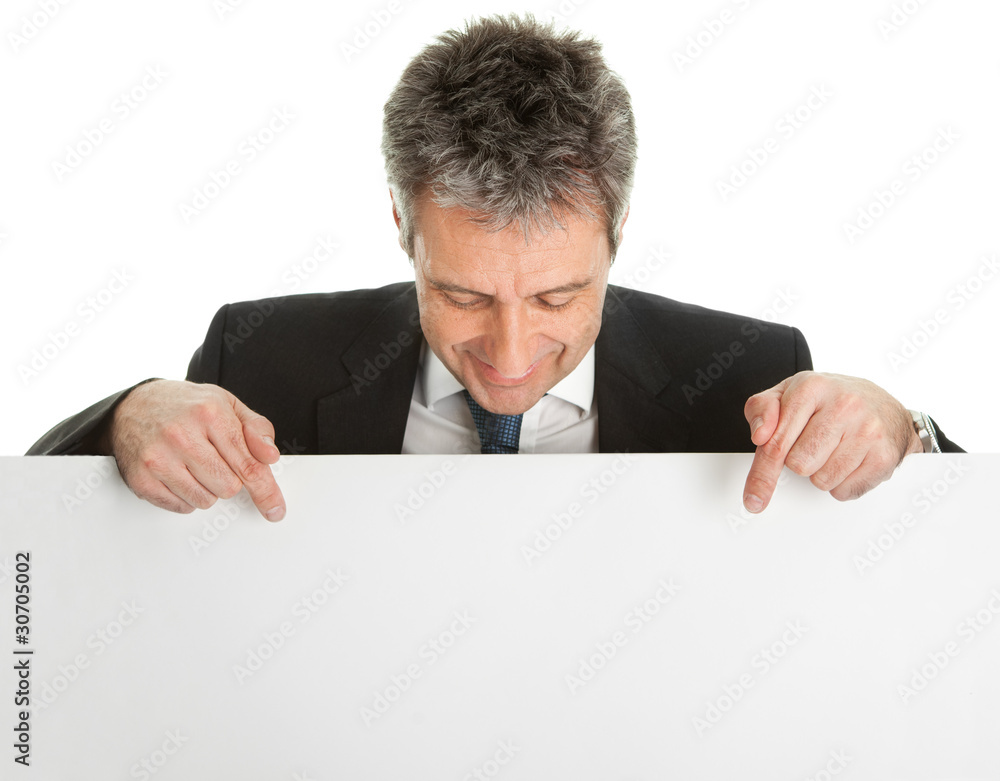 Confident businessmen presenting empty board Confident businessmen presenting empty board
