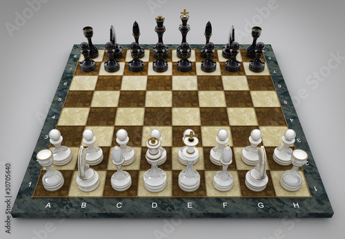 Composition with chessmen on chessboard 3d render