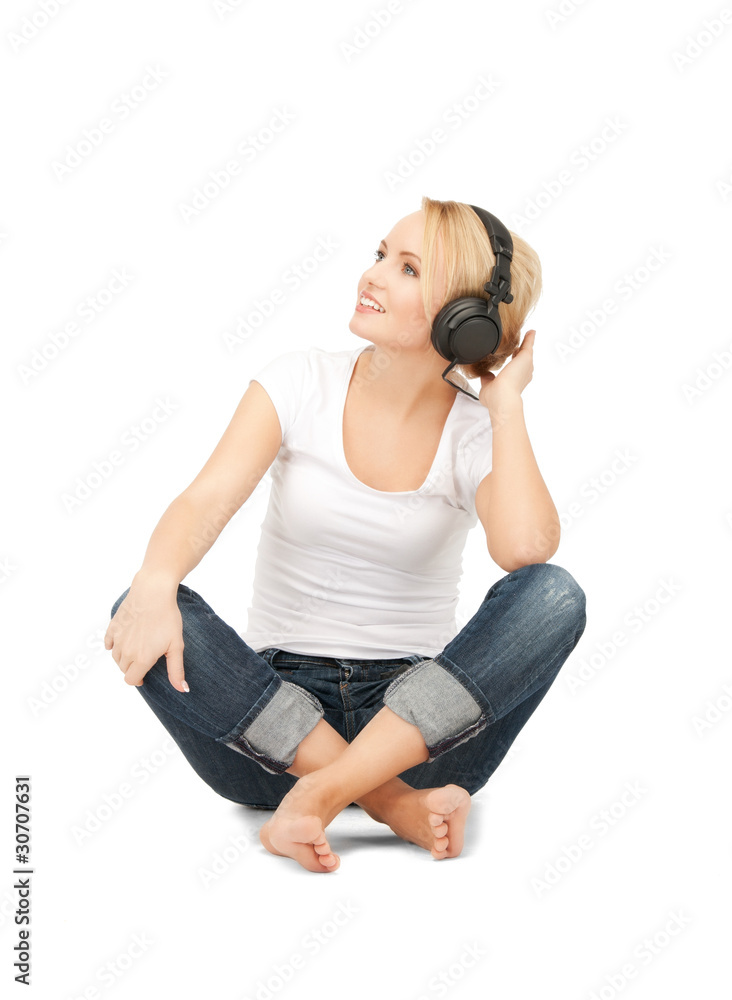happy teenage girl in big headphones happy teenage girl in big headphones