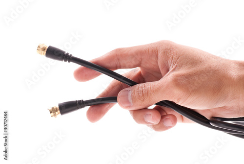 Schilderij op canvas Hand with Satellite Antenna Input Cables