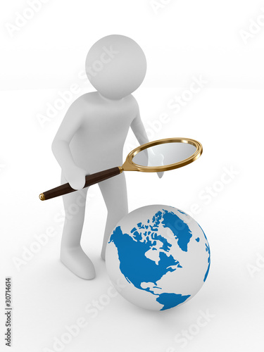 Man with magnifier on white...