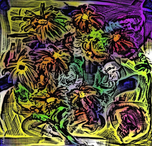 yellow with purple abstract flowers