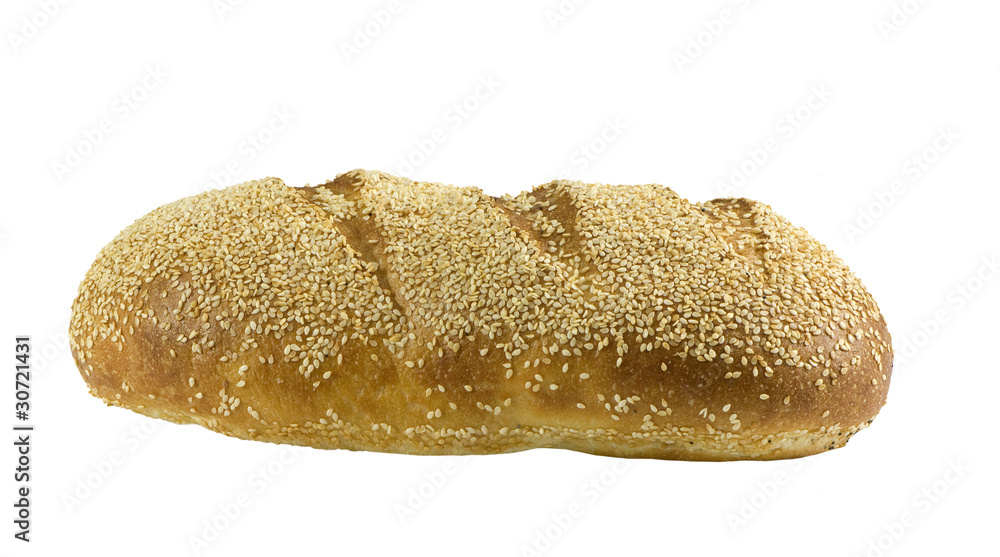 freshly baked loaf with sesame seeds on a white background freshly baked loaf with sesame seeds on a white background