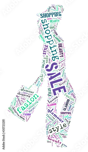 Wordcloud: silhouette of happy woman with purchases