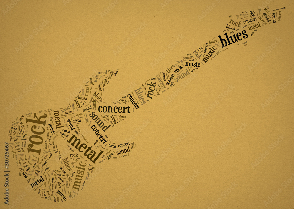 Obraz premium Tagcloud: guitar silhouette of music words