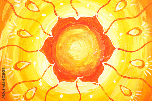 closeup of bright orange painted picture with circle pattern, ma