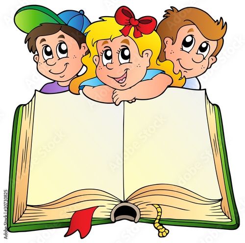 Three children with opened book