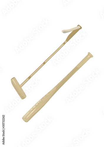 Polo Sticks and Baseball Bat. Vector illustration.