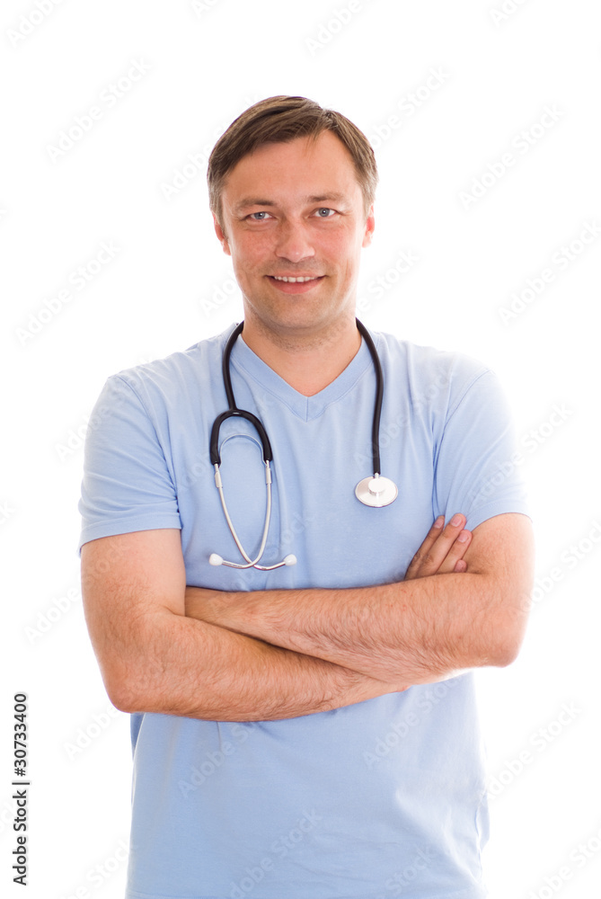 Handsome doctor standing on the wite Handsome doctor standing on the wite