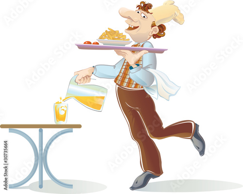 cafe worker pours a carafe of orange juice