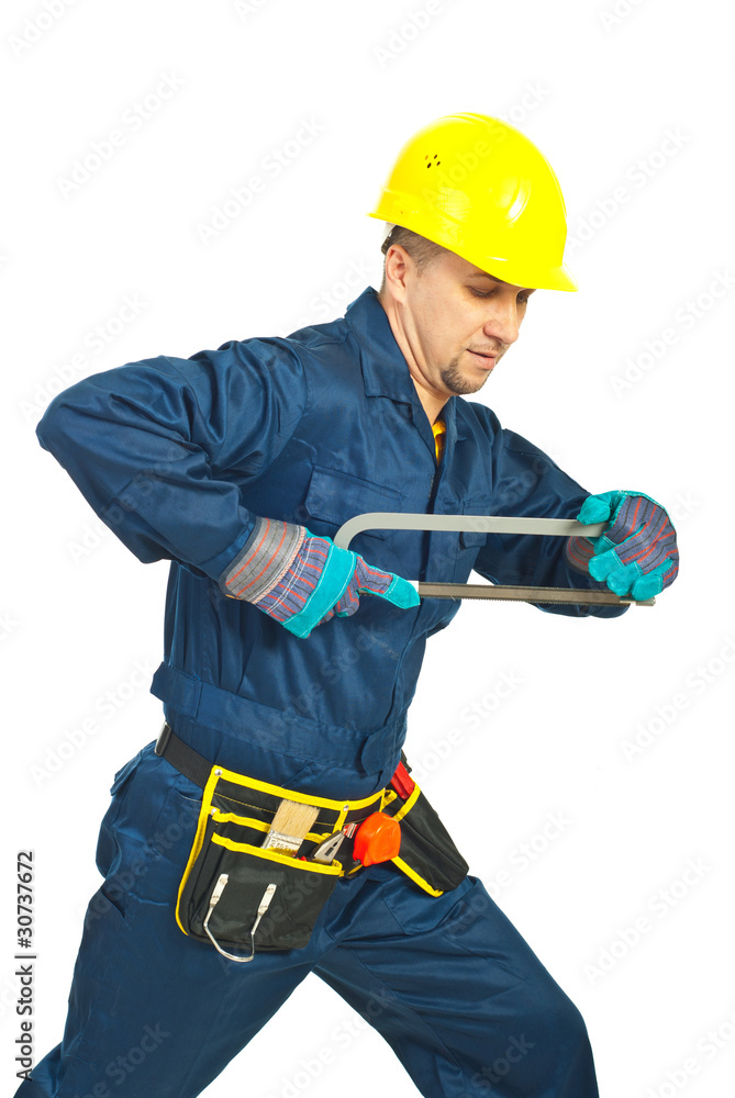 Workman holding saw Workman holding saw
