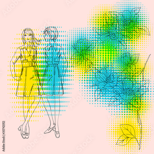 fashion girls  on a floral background