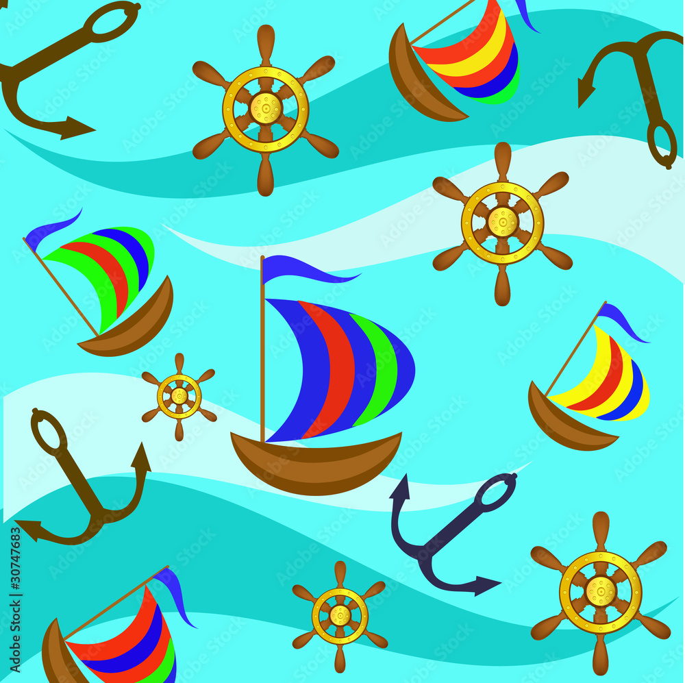 Background from the yacht, a steering wheel and an anchor Stock Vector