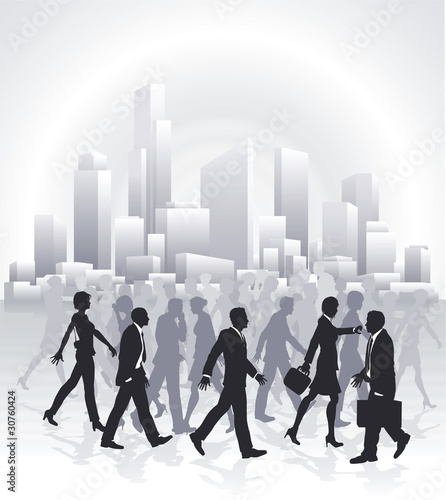 Business people rushing in front of city skyline