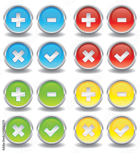 Button Set - Plus, Minus, Mal, Haken - blau, rot, grün, gelb